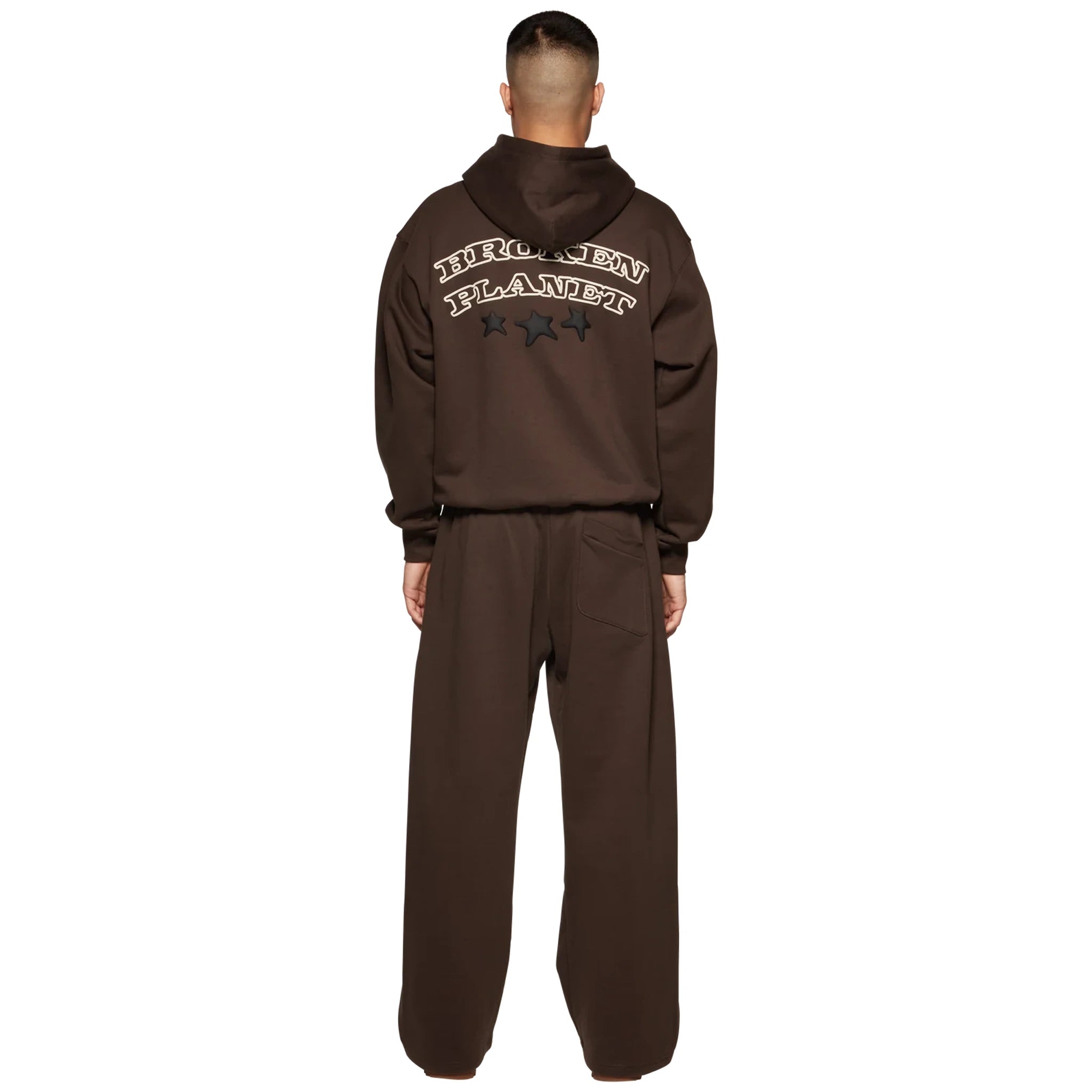 Model back view of Broken Planet Wide Leg Out Of Service Mocha Brown Sweatpants